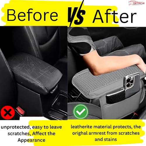 Image of DETACHI Car Center Console Armrest Cover Pad, PU Leather Mesh Armrest Cushion,Universal Fit for SUV /Truck /Car, Console Box Cover With 2 Mobile Pockets, Breathable Mesh Fabric Mat-(Grey, 31X18X2CM)
