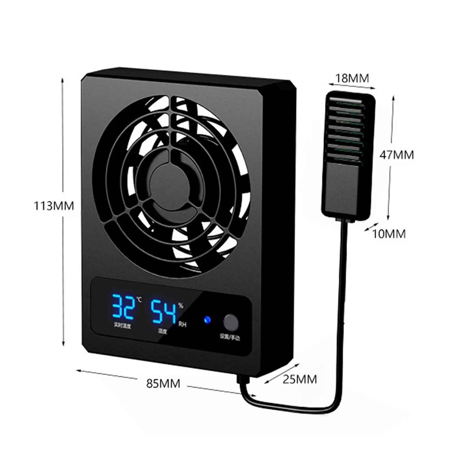 Toplionace Termómetro e Higrómetro para Tanque de Reptiles en la Selva Tropical, Ventilador de Ventilación con Control Inteligente, Pantalla Digital, Ventilación y Deshumidificación