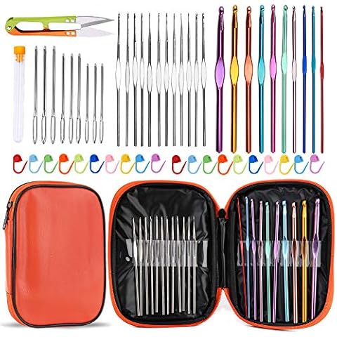 IMZAY 54 Pcs Crochet Needles Set, Crochet Hooks Kit with Storage Case, Ergonomic Knitting Needles Blunt Needles Stitch Marker DIY Hand Knitting Craft Art Tools for Beginners Cover