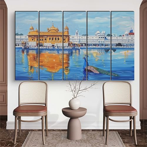 Image of Livin'luxe Golden Temple Wall Painting | 5 Panel Framed Wall Art with Peacock and Water Reflection | Sikh Religious Art for Living Room, Pooja Room, Spiritual Gift, Home Decor (50 x 30 Inch) XL-35431