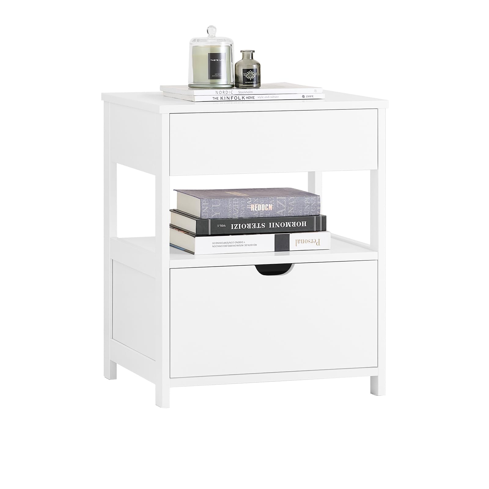 SoBuy Comodino Camera da Letto - Comodino con 2 Cassetti e 1 Ripiano, Tavolino Salotto - Moderna Cassettiera L45 x P38 x A55 cm Bianco FRG258-W