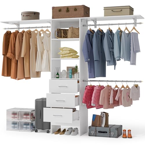 Image of Walk in Closet Organizer System - with 3 Extendable Hanging Rods, Built-in Garment Rack with 6 Shelves, Wall Mounted Clothes Organizers Storage Systems for Bedroom
