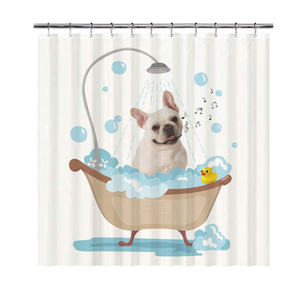 BAGEYOU Funny Dog French Bulldog in Bath Shower Curtains Cute Puppy Taking A Shower Waterproof Polyester Fabric Bathroom Curtain 66 X 72 Inch, with 12 Hooks
