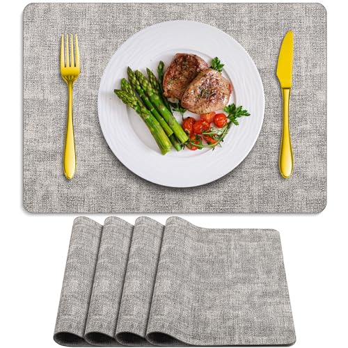 Placemats Set of 4 Washable, Heat Resistant Table Placemats Wipeable Faux Leather Place Mats Non Slip, Waterproof Square Table Mats for Indoor Outdoor, Light Grey