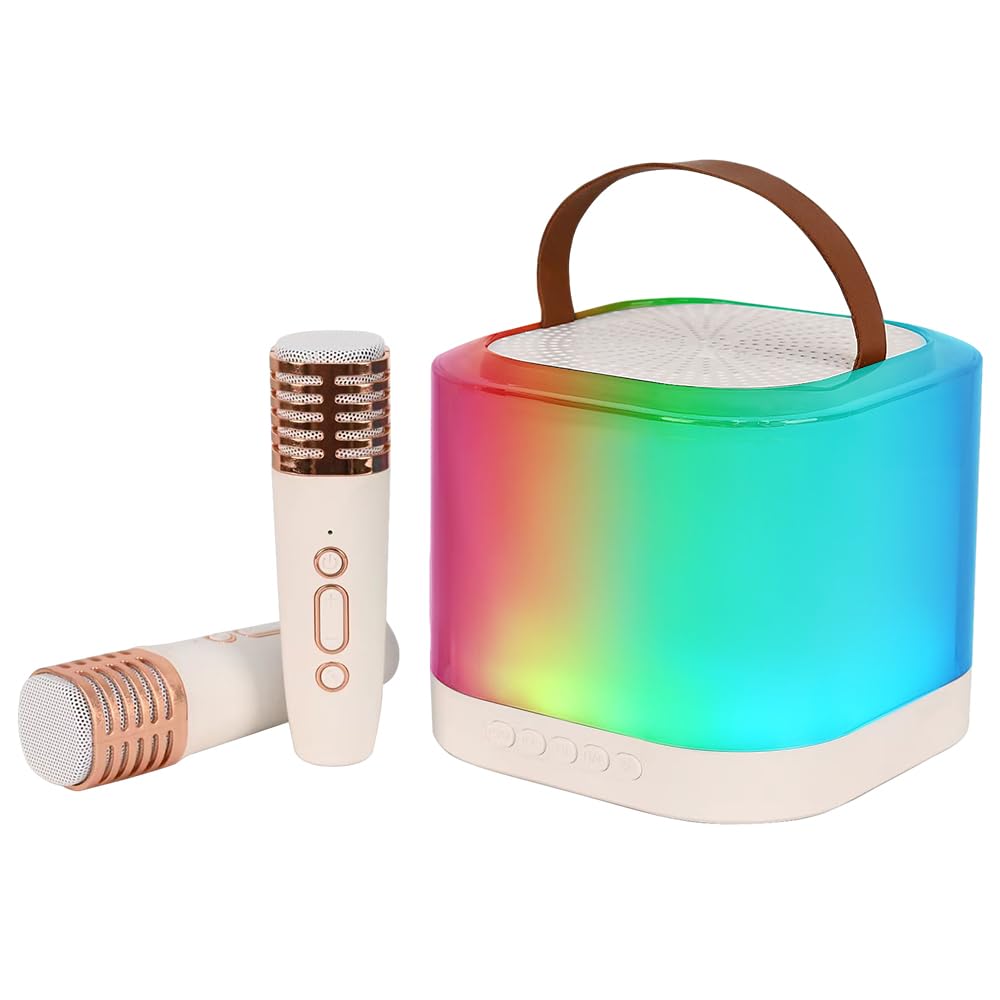 Hanzete Mini macchina per karaoke con microfono wireless e set di altoparlanti con 2 microfoni ricaricabili a LED, luce colorata, altoparlante per karaoke, feste di compleanno, desktop, fitness, set