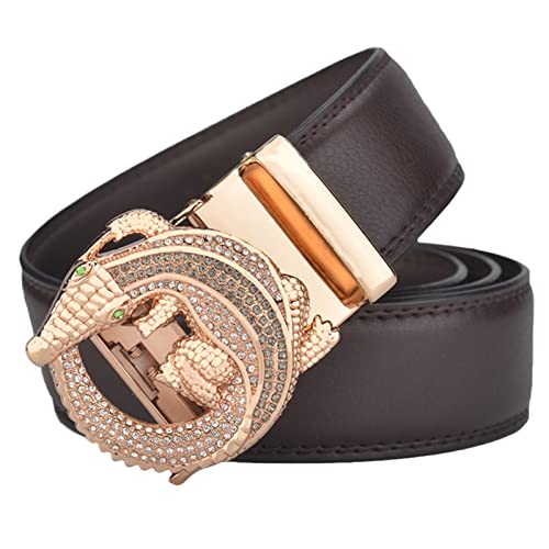 Men's Leather Ratchet Belt - Slide Automatic Rhinestone Gold Buckle Adjustable For Jeans, Suits & Work4