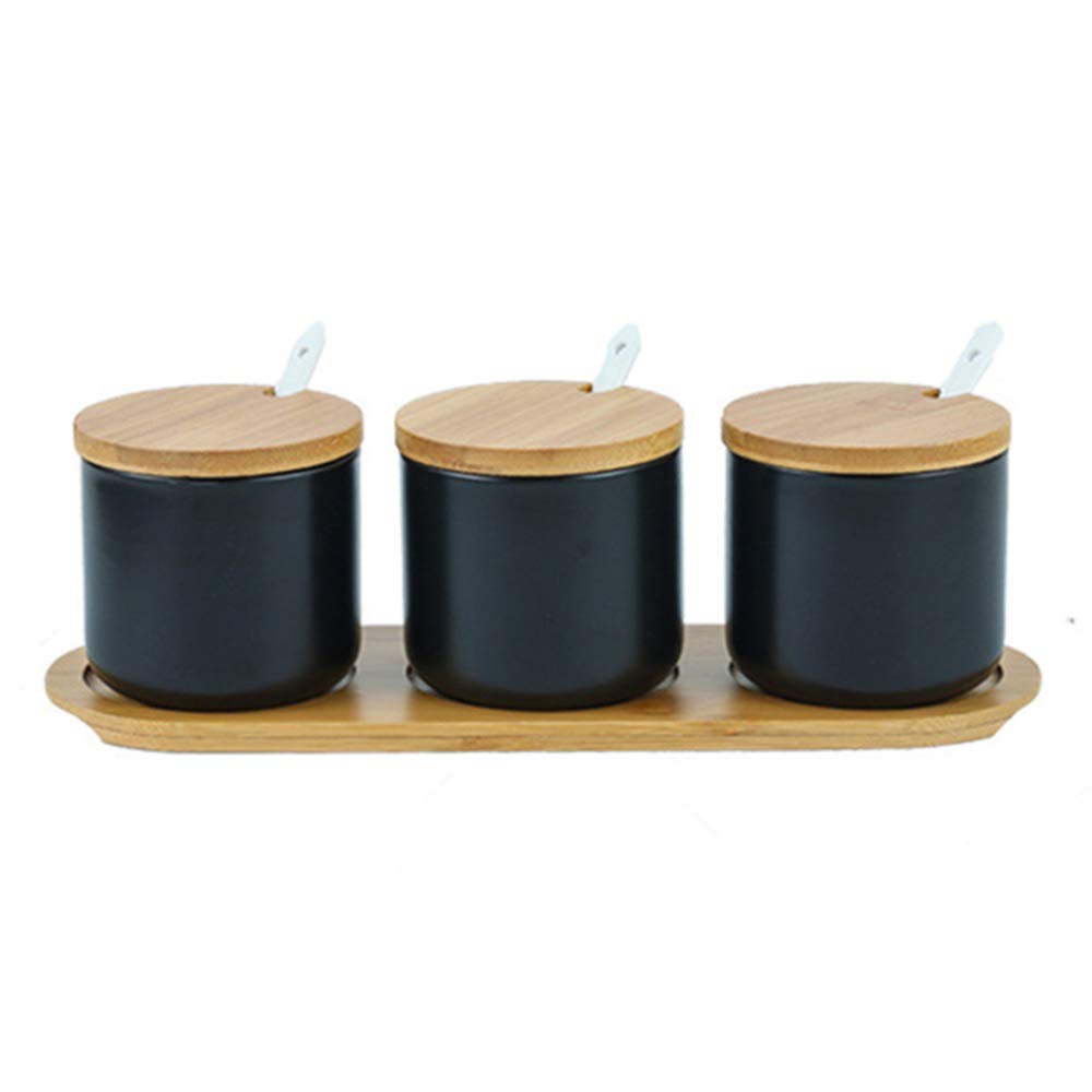 Lot de 3 Céramique Sucrier Rond Seasoning Containers Pot à épices Sel Spice Jar Condiments boîte avec Cuillère et Plateau en Bambou