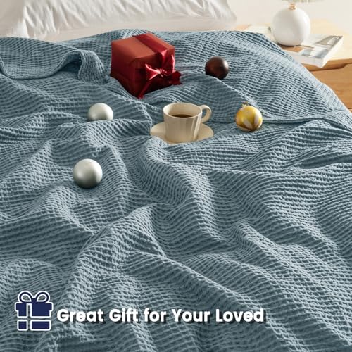 Image of PHF 100% Cotton Waffle Big Family Oversized King Blanket, 120 inch X 120 inch Ocean | Pre-washed Natural Soft Cozy Lightweight Breathable, Textured Decorative Layer for Bed Guest Room, Machine Washable, Giftable