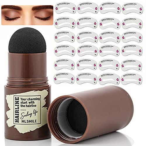 Eyebrow Stamp Waterproof, Brow Stamp Shaping Kit Eyebrow Definer, with 24 Reusable Eyebrow Stencils, Hairline Shadow Powder Stick (Light Brown)
