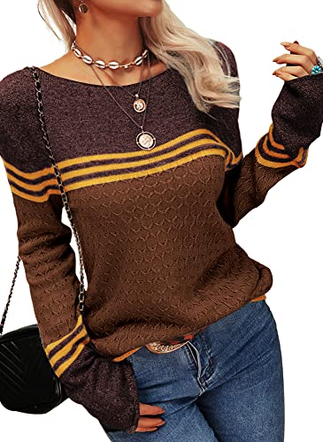 Image of Danedvi Womens Fall Fashion 2026 Sweaters Colorblock Lightweight Striped Crewneck Winter Trendy Pullover Tops
