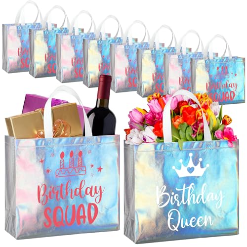 Clysee 10 Pack Reusable Birthday Squad Birthday Queen Gift Bag with Handle Large Tote Bag for Women(Iridescent Color)