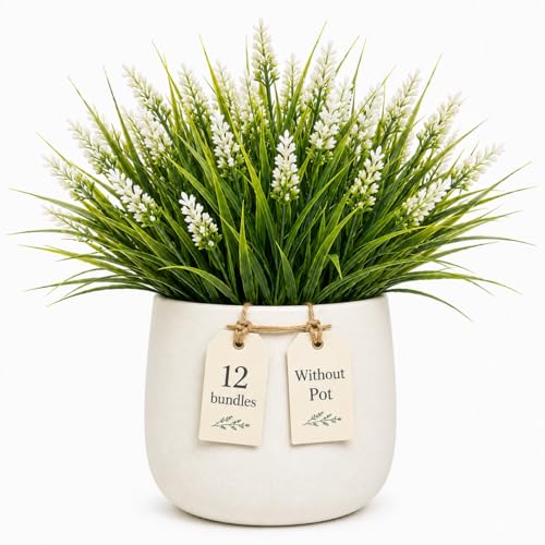 KYYOS Artificial Monkey Grass with Flowers - UV Resistant Artificial Outdoor Plants Faux Flowers for Outdoor Planters Porch Patio Garden Window Box - 12 Bundles White