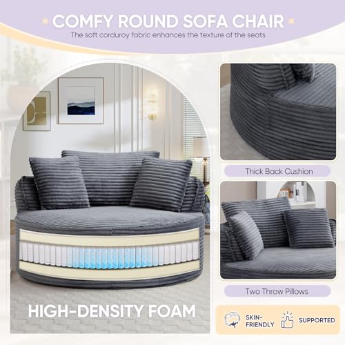 Image of Antetek 53.5-inch Round Chair, Modern Accent Corduroy Comfy Deep Seat Boneless Foam Floor Single Circle Chaise Sofa Chair with 3 Pillows for Living Room Bedroom Office, No Assembly Required, Grey