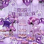 Purple and White Birthday Decorations for Women Girls Lavender Party Decor Set with Happy Birthday Banner and Balloons, Backdrop, Paper Pompoms, Cake Topper for Princess Lavender Birthday Decorations - Image 5