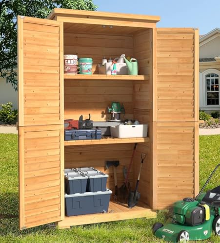 Gizoon Outdoor Storage Cabinet With 3 Shelves, Double Lockable Wooden Garden Shed With Waterproof Roof cover