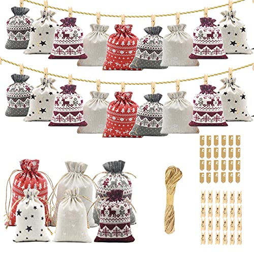 5 Pcs Sacs Calendrier de l'Avent 2022 - Sacs-cadeaux de Noël Sacs numérotés avec compte à rebours de 24 jours,Pochette à cordon de serrage de Noël pour Noël, fête, anniversaire, décor de Rurbeder Cover