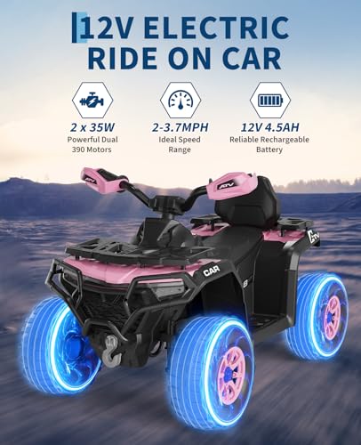 12V Kids Ride On ATV Car w/Parent Remote Control, Spring Suspension, LED Lights, Bluetooth, USB, Music, Early Education, Volume Control, Off-Road 4 Wheeler w/LED Flag for Boys & Girls Ages 3+ - Image 7