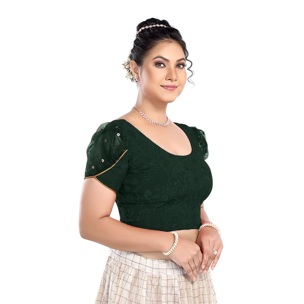 FINESTFITStay On Trend: Latest Fashion Readymade Blouses for Women,Round Neckline with Mix & Match Organza Puff Sleeves