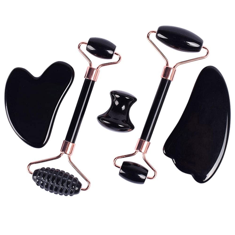 gua sha viso Rullo di Guasha di Guasha di Guasha Set di Guasha Natural Black Obsidian Crystal Stone-rullo di segale