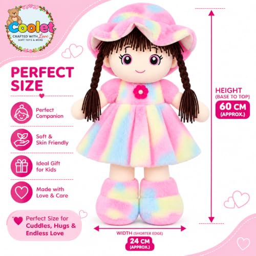 Image of Soft Hat Doll for Kids 60 cm | Cute Plush Rag Doll with Cap & Braided Hair | Washable Stuffed Soft Toy for Girls & Boys | Birthday Gift (Multicolor Pink Fur Doll)