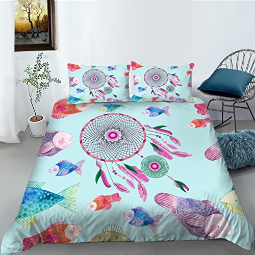 MaishaRui Juego de ropa de cama de 220 x 240 cm, 3 piezas, diseño de atrapasueños, de microfibra, transpirable, hipoalergénico, con cremallera, funda nórdica y 2 fundas de almohada de 80 x 80 cm