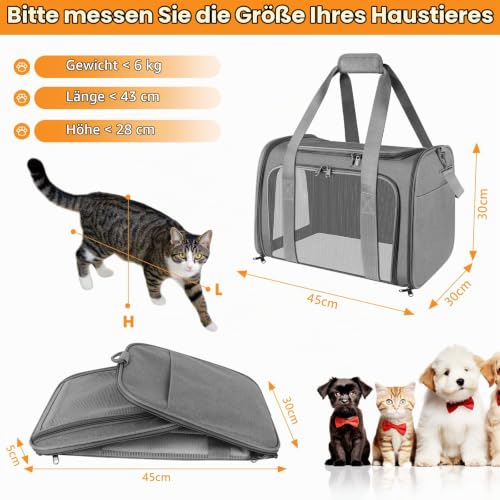 Transporttasche Katze und Hund, 45x30x30 cm Transportbox Katze, Katzentransporttasche Faltbar und Atmungsaktiv, Autoreise Transportbox für Katze und Mittelgroße Hund