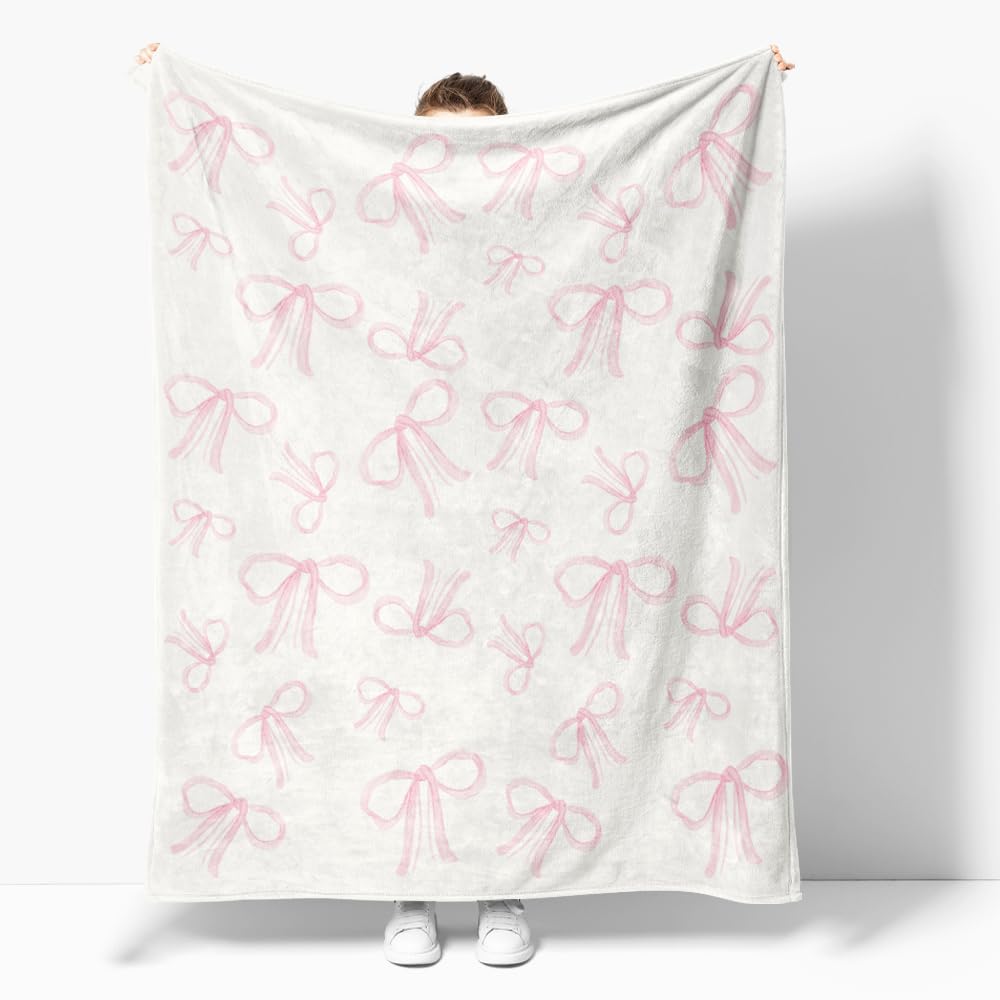 Reateforin Pink Bows Blankets Preppy Coquette Room Decor Electric Blanket Pink Girls Bedroom Decor Bow Throw Blanket Coquette Girly Blanket Gifts for Women Teens Soft Flannel Lightweight 60"x80" — image 1