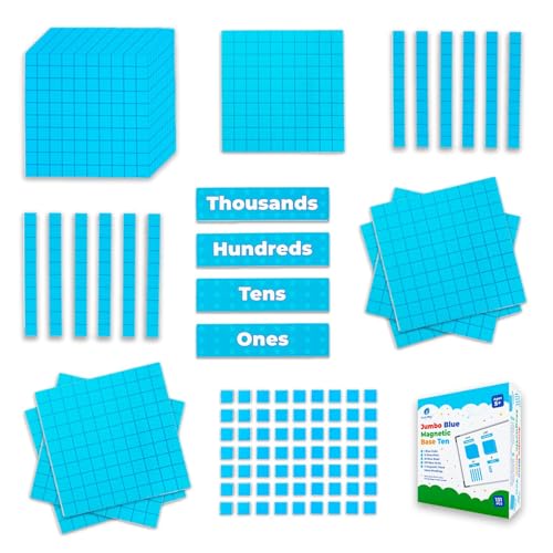 Simply magic 131+4 PCS Jumbo Blue Magnetic Base Ten Blocks for Math + Headings - Math Manipulatives Base 10 Blocks Place Value Manipulatives Magnets Counters for Kids Classroom Must Haves