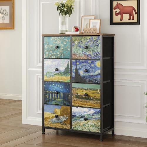 Image of EXOTICA Tall Dresser with 8 Drawer for Bedroom Narrow Van Gogh Chest of Drawers for Hallway Closet Living Room Steel Frame Rustic Brown Wood Grain Wood Top