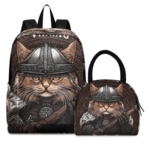 Backpack Lunch Box Set Large Capacity Travel Backpacks and Insulated Lunch Bag for Commute Hiking Picnic Viking Cat Print
