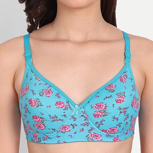Image of Women Flower Printed Padded Bra - Made of Pure Cotton Full Coverage Non Wired Soft Cup for T-Shirt Saree Dress for Everyday