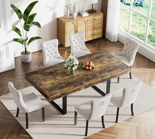 Image of Rustic Brown Dining Room Table Set for 6, 7-Piece 63 inch-78.74 inch Extendable Dining Table Set with 6 Upholstered Chairs, Rectangle Wooden Expanding Kitchen Table and Beige Chairs Set
