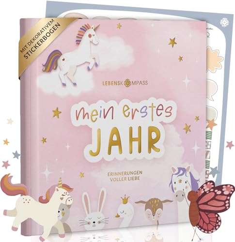 Lebenskompass Babyalbum Mein erstes Jahr 'Air' mit über 75 Stickern & Spruchkarte EXTRA - Ein Baby Buch zum Eintragen - Das Babytagebuch & Erinnerungsbuch für Mädchen & Jungen (Einhorn)