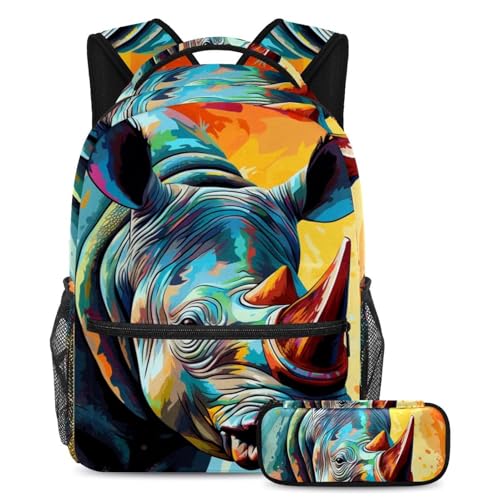 Ensemble de cartables colorés motif rhinocéros grand format avec trousse à crayons