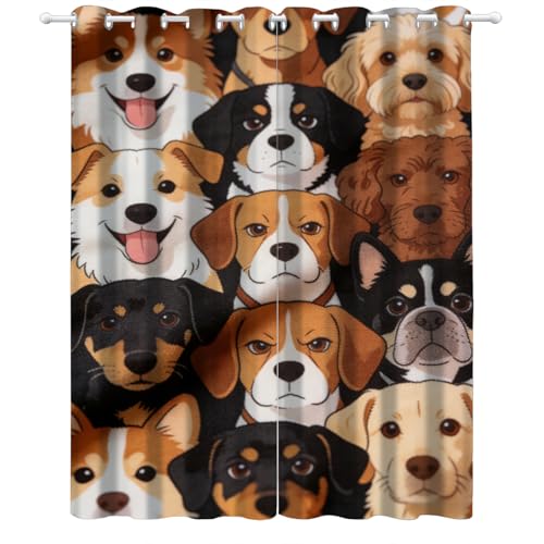 Dogs Curtains - Cute Puppies Window Curtains, Cartoon Style Window Treatments Drapes 39 Inches Long, Cute Pet Collection Home Decor Drapes 2 Panel Sets