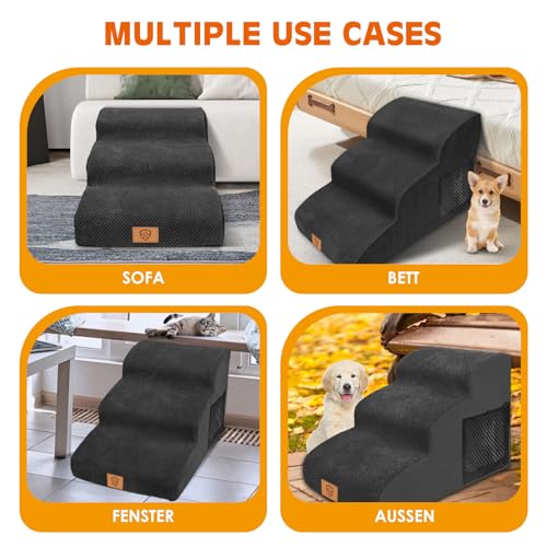 Thihome Hundetreppe für Kleine Hunde, Haustiertreppe 3 Stufen, Hochdichtem Schwamm Hundetreppen 40cm Hoch, Hunde Treppe mit Waschbarem Bezug, Rutschfestem Hunderampe für Bett & Sofa, Schwarz
