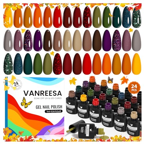 VANREESA 24 Pcs Fall Gel Nail Polish Set, 21 Colors Gel Polish with Base Coat Glossy & Matte Top...