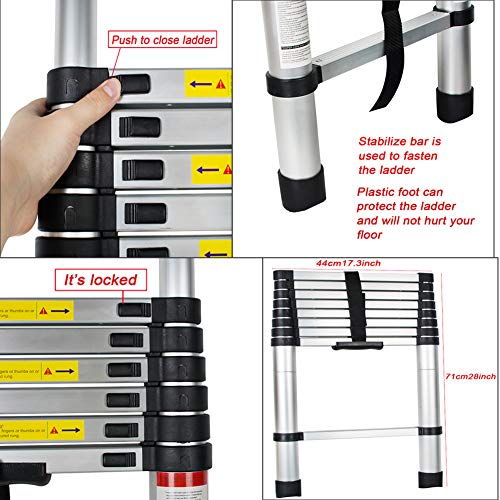 Aluminum Telescoping Extension Ladder Telescopic Ladder Multi Purpose Ladder, 330 Pound Capacity (8.5 Feet)