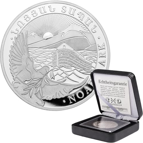 Silbermünze Arche Noah | Aktueller Jahrgang | Feinsilber 999 | In Münzkapsel & schwarzem Etui | Inkl. Grußkarte und Echtheitsgarantie | Geschenk zur Taufe & Taufmünze (1/4 oz)