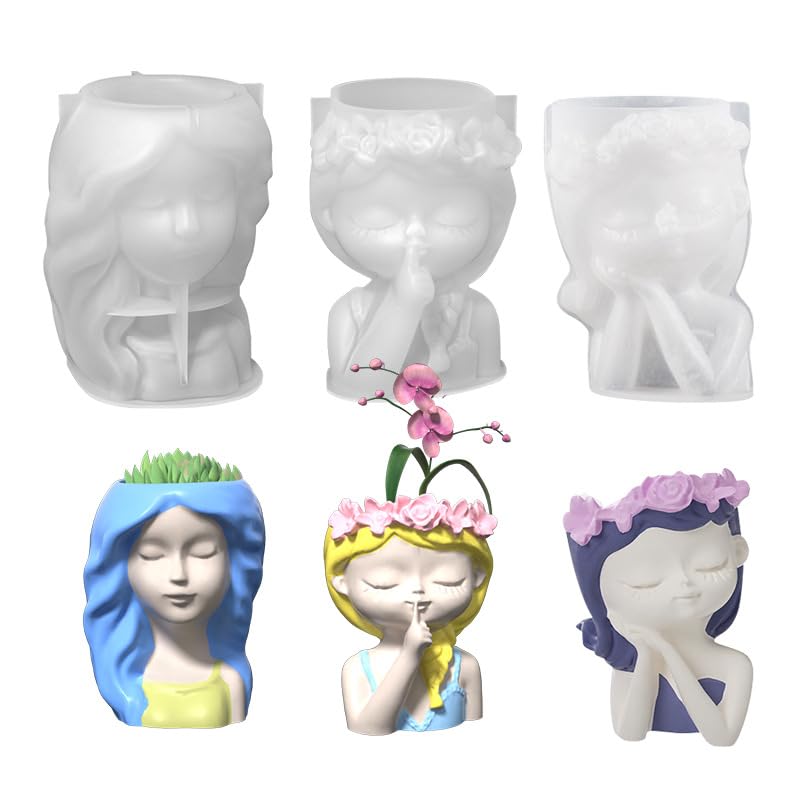 3pcs Girl Flower Pot Mould Silicone Plant Pot DIY Mould Resin Candle Holder Clay and Plaster Mould Home Desktop Ornament