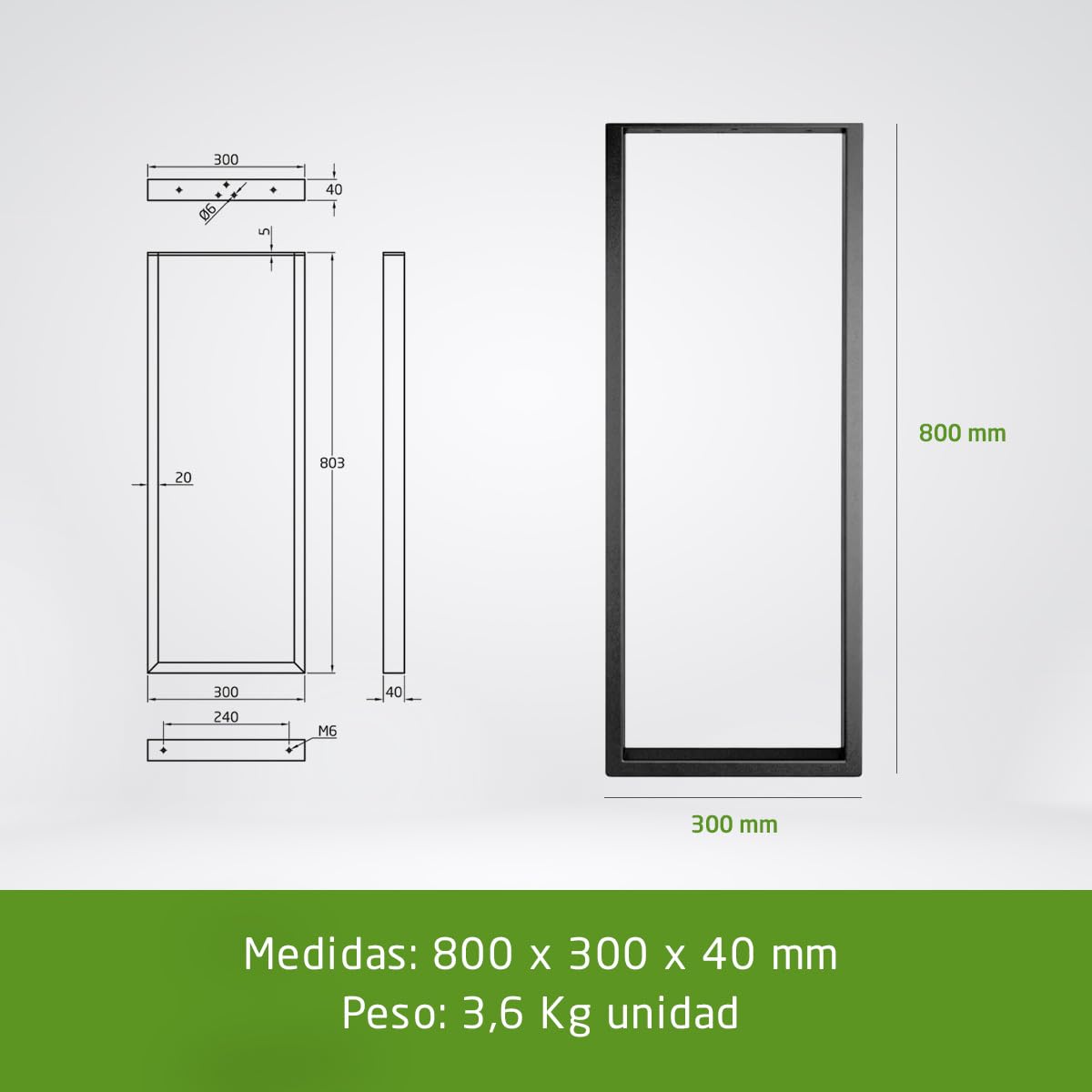 Amig - Juego de 2 Patas para Mesas de Recibidor o Entrada - Set de Patas para Mesa de Estilo Industrial - Material: Acero - 800 x 300 x 40 mm - Resistencia y Durabilidad - Acabado en Negro Mate