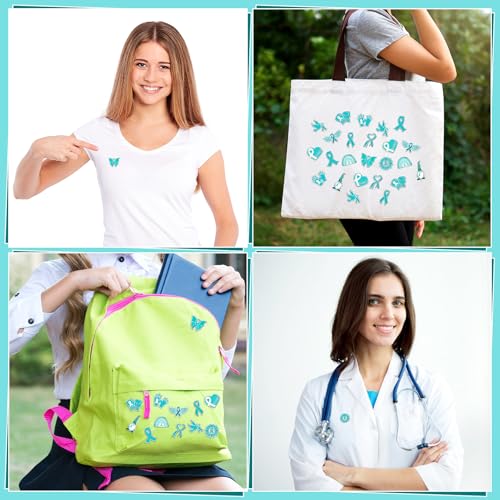 Image of Landical 60 Pcs Sexual Assault Awareness Products Bulk Teal Ribbon Pins Ovarian Cancer Lapel Pin Cervical Cancer Items for Hat Backpack Party Favors Charity Gifts Public Social Event Supplies