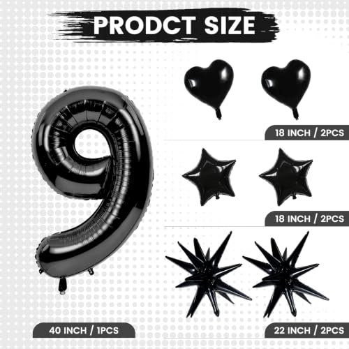 Image of TONIFUL 9th Birthday Balloons Kit 40 Inch Black Large Number 9 Foil Balloon | with 18Inch Helium Mylar Heart Star Balloons for Kids Women Men Birthday Anniversary Graduation New Year Eve Party Decoration