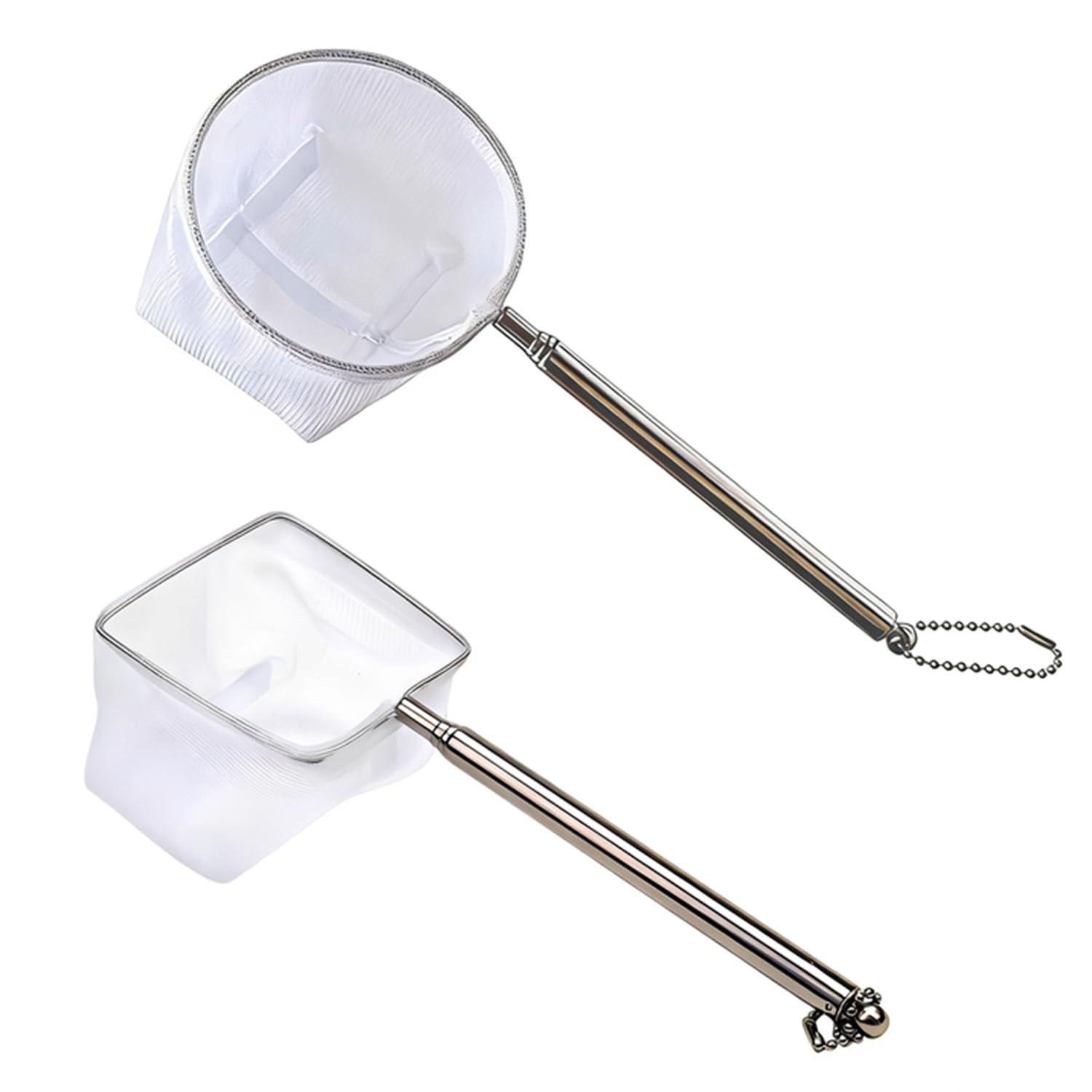 2 Stück Aquarium Kescher Set, Feinmaschiges Fischnetz mit Ausziehbarem Edelstahlgriff, Weißes Quadratisches & Rundes Netz für Garnelen & Kleine Fische, Sicheres Aquarium Zubehör zur Reinigung