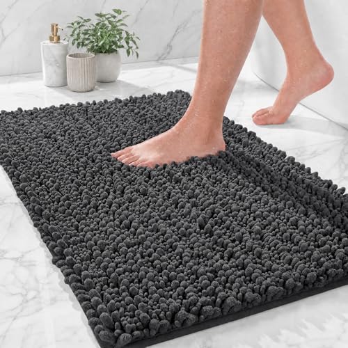 Image of ILANGO Bathroom Rugs Dark Grey 32x20,Extra Soft Absorbent Chenille Bath Rugs,Thick Non-Slip Shaggy Bath Mat,Machine Washable Quick Dry Bath Mats for Bathroom Floor, Tub, Shower Accessories