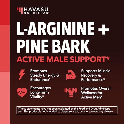 Image of L-Arginine 1800mg and Pine Bark Extract 100mg - Nitric Oxide Supplement for Men - Performance Supplement for Men's Health - 90 Count - Endurance, Recovery Support - Vegan, Non-GMO Capsules