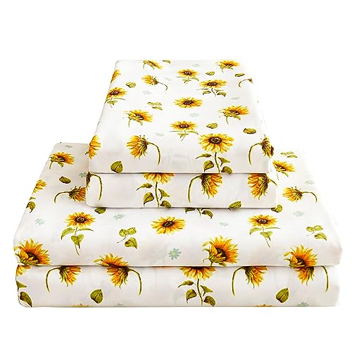 Image of Softan Floral Twin Size Sheet Set, Sunflower Printed Bed Sheets for Kids Girls, 3-Piece Microfiber Fitted Sheet with 15 inch Deep Pocket & Non-Slip Straps, Patterned Bedding Sheets & Pillowcase Set