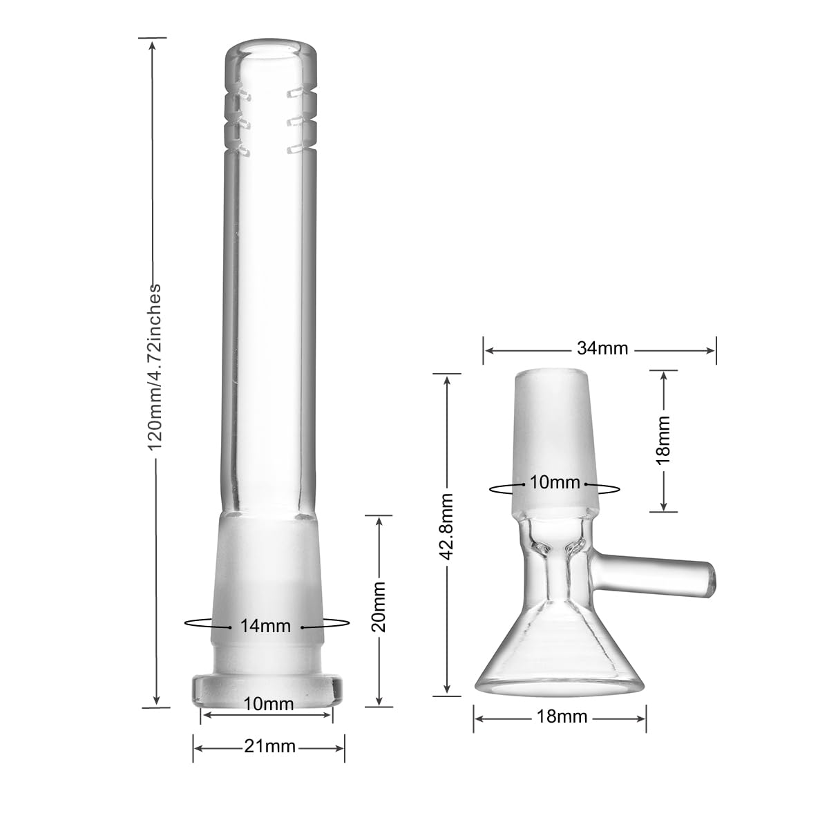 Downstem-Chemie-Diffusoradapter und Trichteradapter, 14 mm, 12 cm, Set von 4