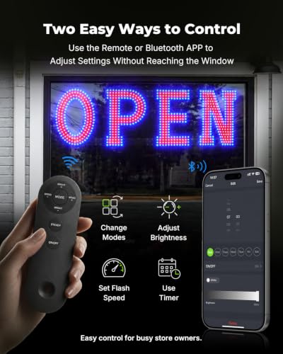 Image of 40 x 12 Inch LED Open Sign for Business - Timer via BT APP & Remote Control, Ultra Bright Large Open Sign with 14 Flash Modes, 6 Dimming Levels & 6 Speed Control for Salon Cafe Restaurant (Red & Blue)