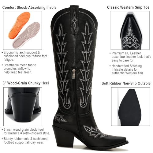 Suede Cowboy Boots for Women – Knee-High Western Cowgirl Style – Snip Toe Pull-On with Side Zipper – 3” Wood-Grain Chunky Heel, Classic Embroidery2